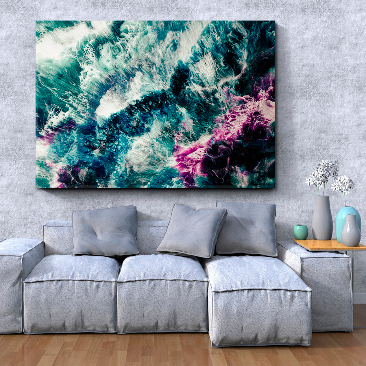 INK MIX Teal Blue Green White Purple Wave Splash Foam Effect Fluid Art, Oriental Marbling Canvas Print Artesty 1 panel 24" x 16" 