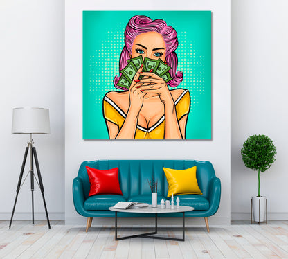 Pretty Woman with Money Comic Retro Poster Pop Art Canvas Print Artesty   