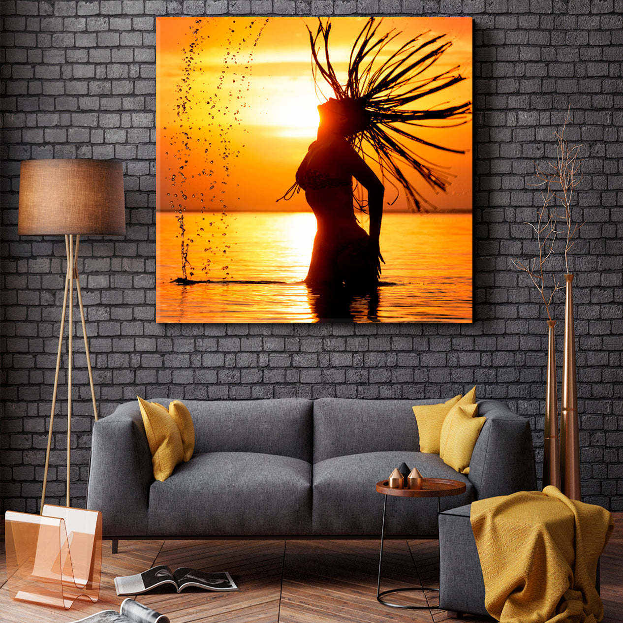 SEA SPLASH Golden Sunset Beautiful Female Silhouette Scenery Landscape Fine Art Print Artesty   