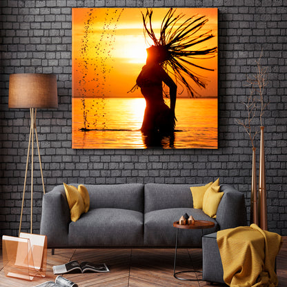 SEA SPLASH Golden Sunset Beautiful Female Silhouette Scenery Landscape Fine Art Print Artesty   