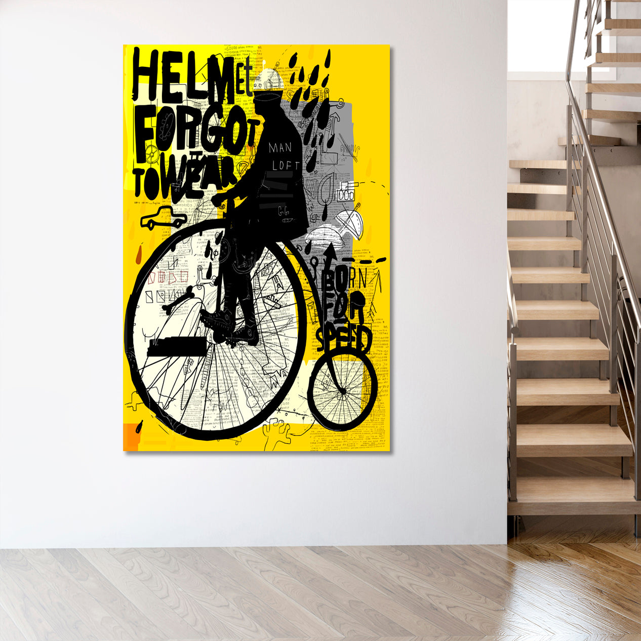 Man Riding Old Retro Bicycle Graffiti Style Yellow Poster Abstract Art Print Artesty   