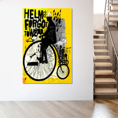 Man Riding Old Retro Bicycle Graffiti Style Yellow Poster Abstract Art Print Artesty   