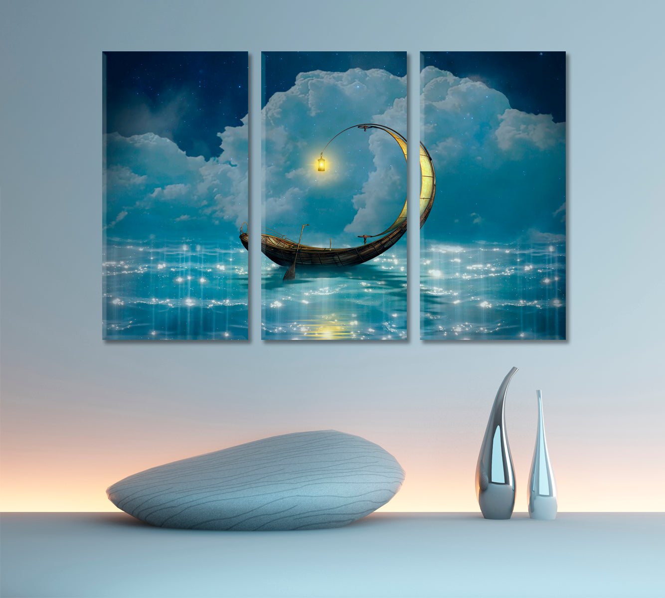 STARRY NIGHT Fantasy Boat Scenery Landscape Surreal Fantasy Large Art Print Décor Artesty 3 panels 36" x 24" 