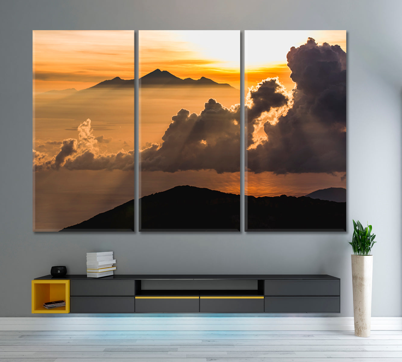 Mount Agung Volcano Rinjani Peak Sunrays Colorful Sky Panoramic Landscape Scenery Landscape Fine Art Print Artesty 3 panels 36" x 24" 