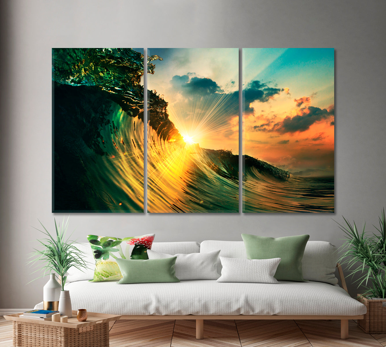 Ocean Wave Falling Down Sunset Time Nautical, Sea Life Pattern Art Artesty 3 panels 36" x 24" 