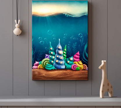 ART FOR KIDS Fantasy Underwater Kingdom Shell Huts Nautical, Sea Life Pattern Art Artesty 1 Panel 16"x24" 