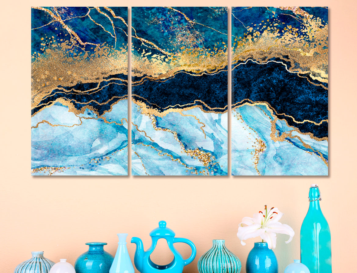 MARBLE STONE RIPPLES Blue Gold Effect Marble Liquid Paint Abstract Trendy Modern Canvas Print Fluid Art, Oriental Marbling Canvas Print Artesty 3 panels 36" x 24" 