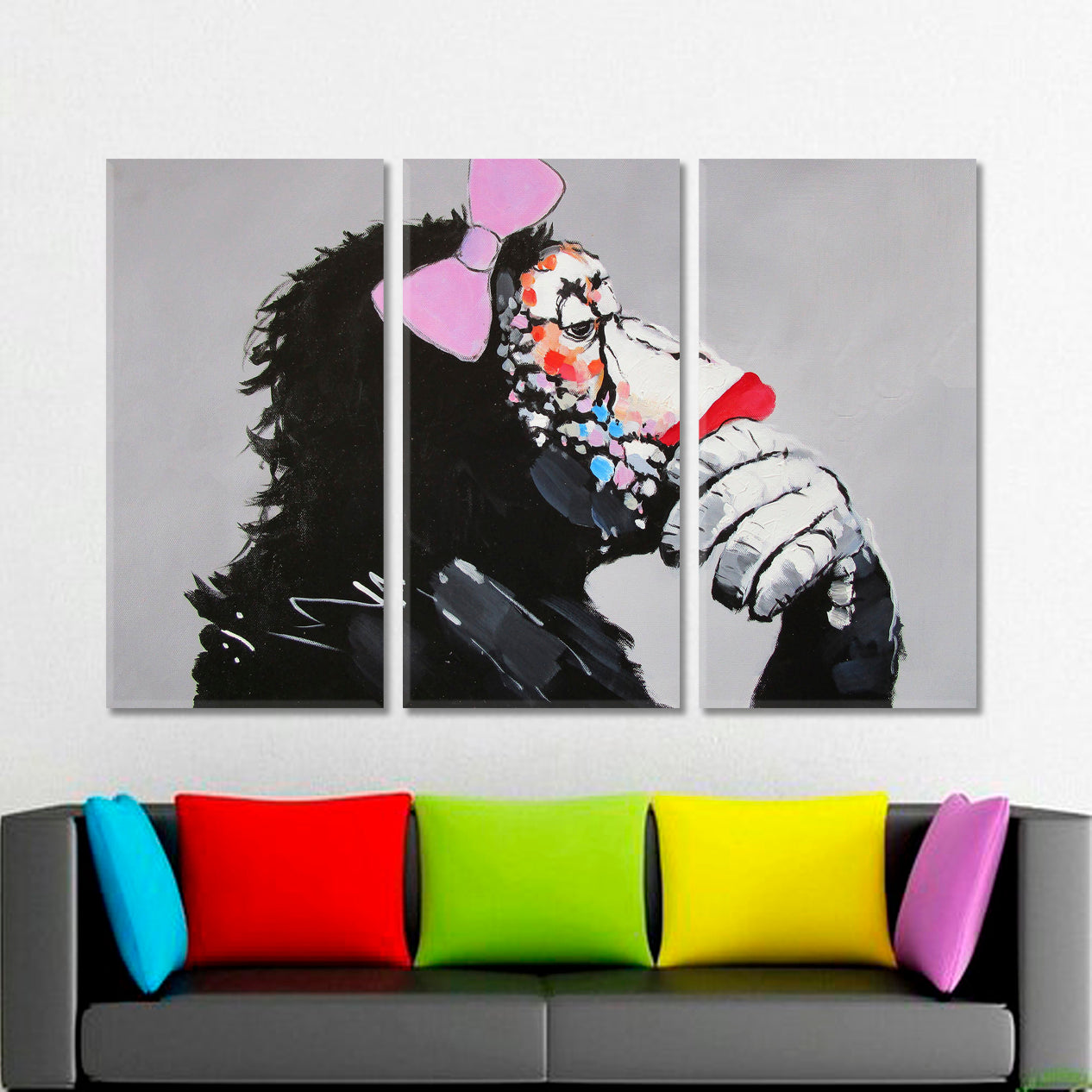 FUNNY MONKEY Pop Art Style Modern Framed Gorilla Monkey Animals Canvas Print Artesty 3 panels 36" x 24" 