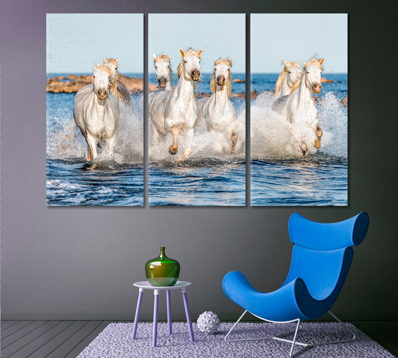 White Camargue Horses Galloping Animals Canvas Print Artesty 3 panels 36" x 24" 