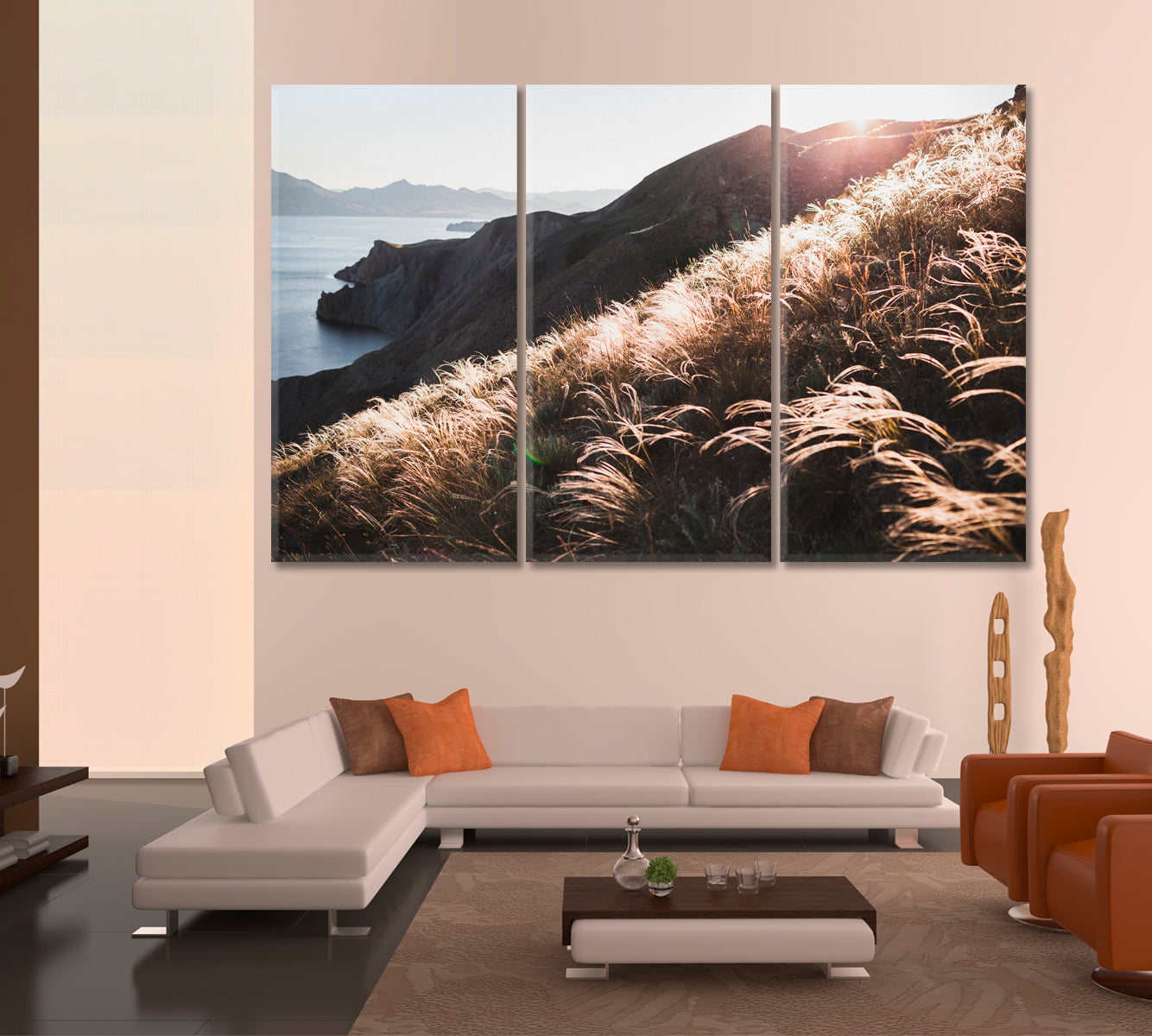 Sunset Coastline Landscape Hill Incredible Spring Field Feather Grass Nature Wall Canvas Print Artesty   