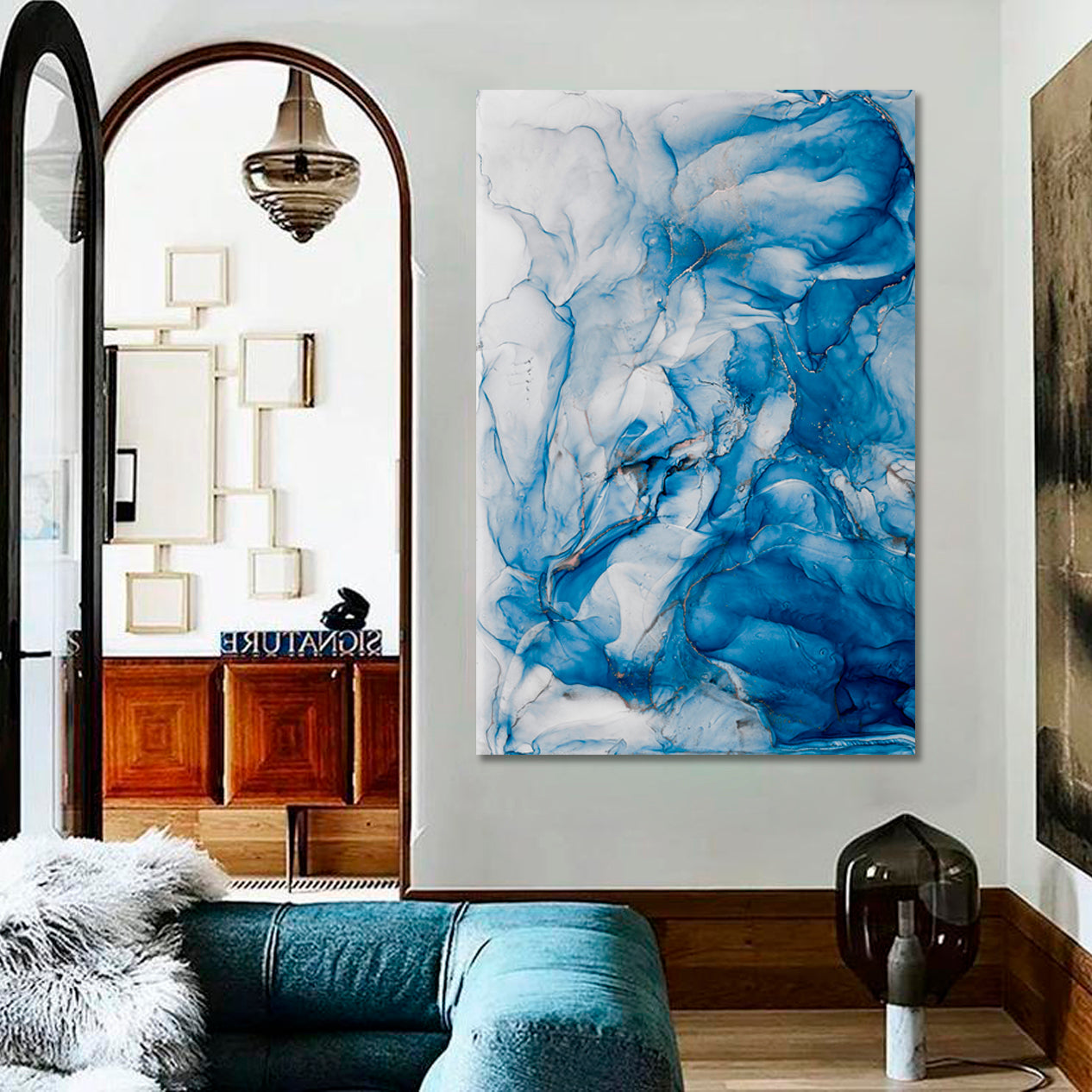 Sky Blue Ink Abstract Marble Modern Fluid Art - Vertical Fluid Art, Oriental Marbling Canvas Print Artesty   