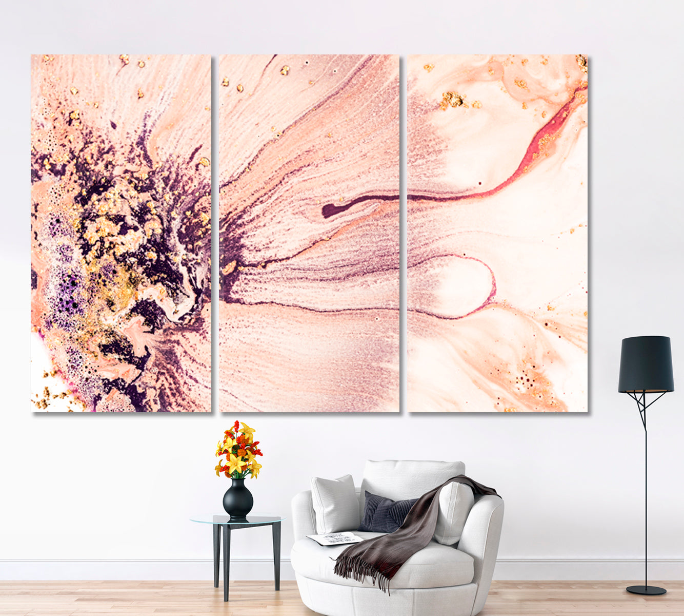 MARBLE Luxury Coral Colors Golden Powder Contemporary Fluid Art, Oriental Marbling Canvas Print Artesty 3 panels 36" x 24" 