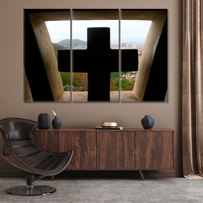 CHRIST Panoramic View Window and Cross Shape Religious Modern Art Artesty 3 panels 36" x 24" 