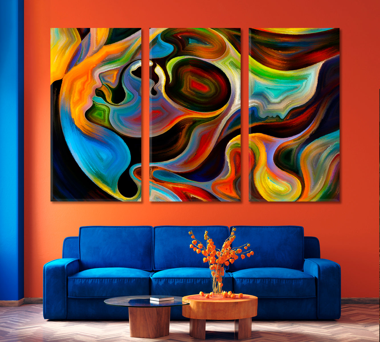 Soul in Colors, Human and Colorful Abstract Forms Contemporary Art Artesty 3 panels 36" x 24" 