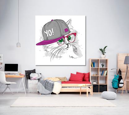 Cute Cat Hip-Hop Hat Funny Whimsical Animal KIDS ROOM CONCEPT Canvas Print | Square Panel Animals Canvas Print Artesty   