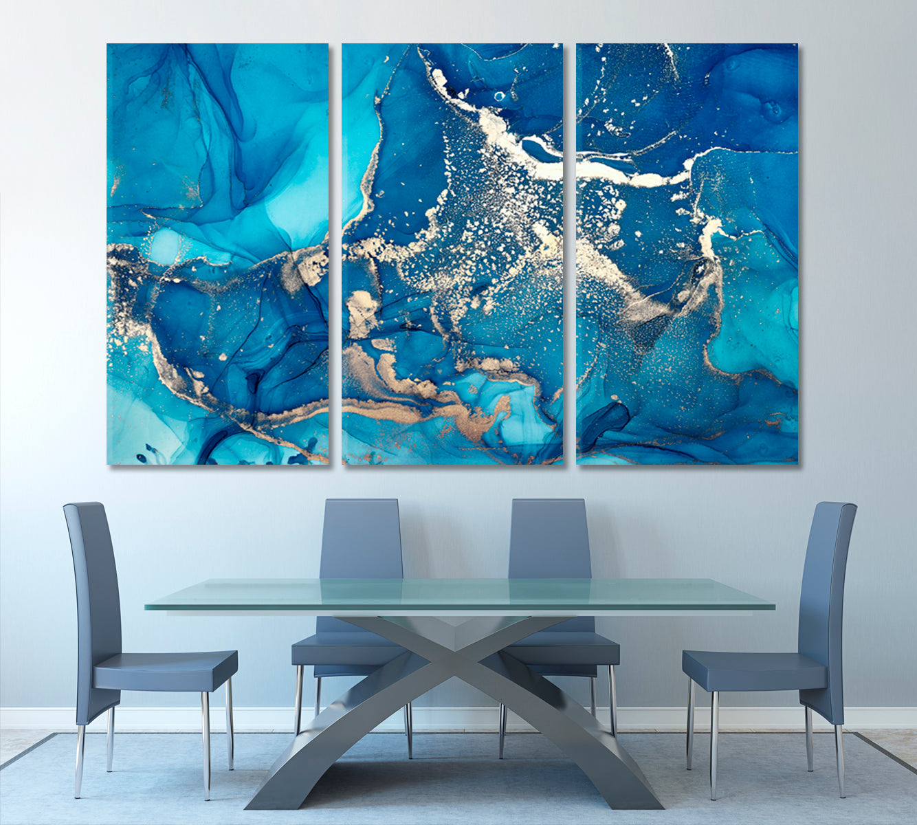 Modern Fluid Art Marble Alcohol Ink Sky Blue Art Design Fluid Art, Oriental Marbling Canvas Print Artesty 3 panels 36" x 24" 