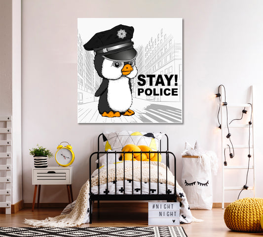 Cute Sweet Penguin Police Cap, Funny Whimsy Animals KIDS ROOM CONCEPT Canvas Print | Square Panel Kids Room Canvas Art Print Artesty   