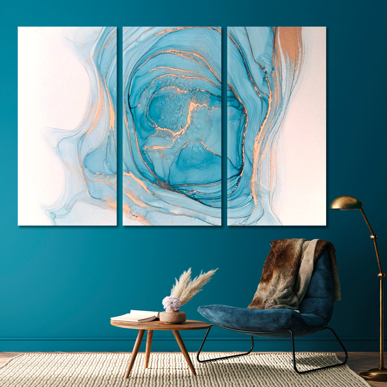 SPRING LAKE Soft Blue Cerulean Marble Abstract Fluid Ink Pattern Fluid Art, Oriental Marbling Canvas Print Artesty 3 panels 36" x 24" 