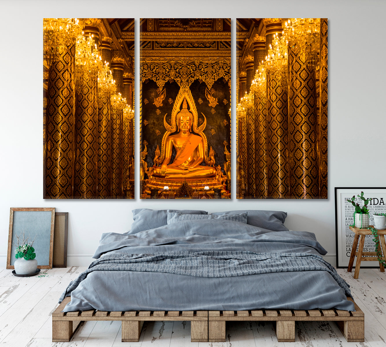 Golden Buddha Woramahawihan Temple Phitsanulok Thailand Religious Modern Art Artesty 3 panels 36" x 24" 