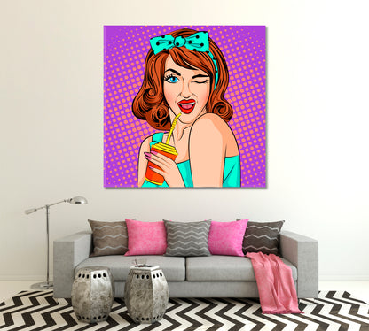 Pop Retro Style Lady with Cola Drink Pop Art Canvas Print Artesty   