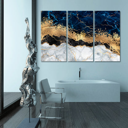 Abstract White Blue Marble Golden Veins Artistic Design Fluid Art, Oriental Marbling Canvas Print Artesty   