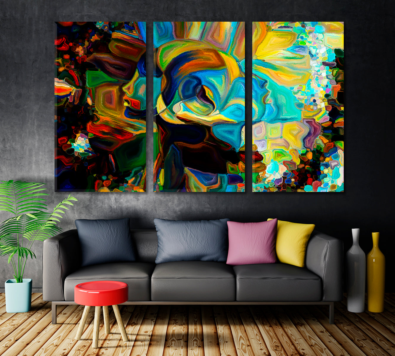 Peaceful Coexistence in Colors and Shapes Abstract Art Print Artesty 3 panels 36" x 24" 