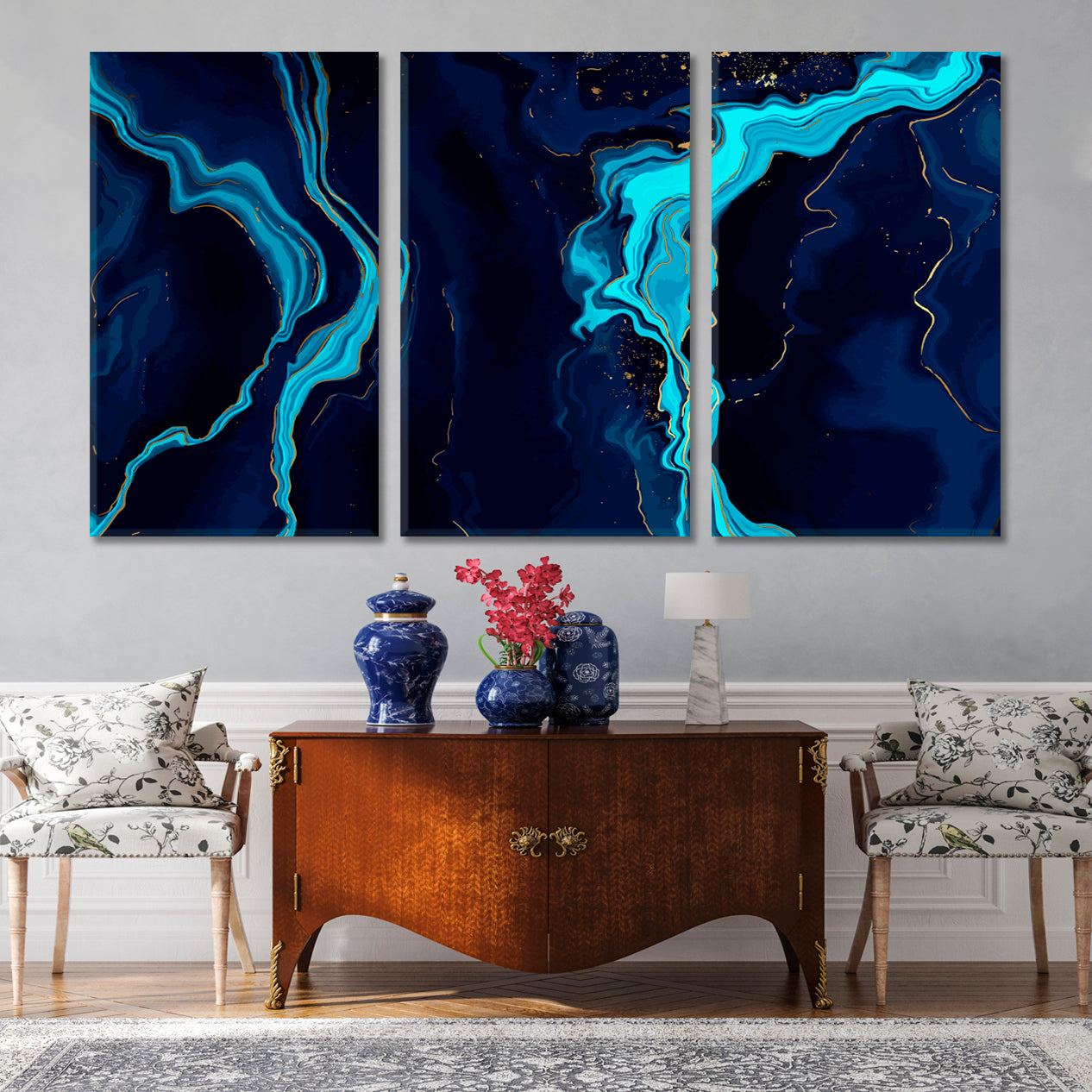 DARK BLUE MARBLE Indigo Ocean Natural Luxury Style Swirls Fluid Art, Oriental Marbling Canvas Print Artesty 3 panels 36" x 24" 
