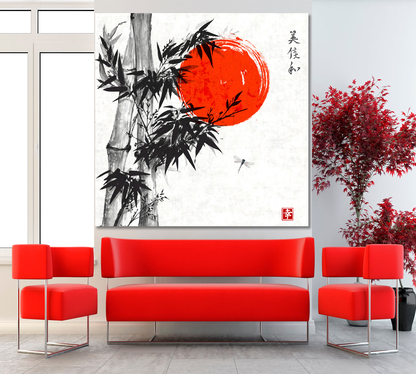 Bamboo Trees Dragongfly Red Sun Happiness Beauty Perfection Eternity - S Asian Style Canvas Print Wall Art Artesty   