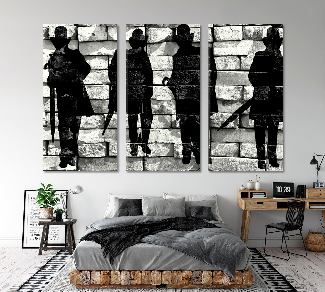 BRICK WALL Gentleman Silhouette Hat Coat Umbrella Graffiti Style Street Art Canvas Print Artesty 3 panels 36" x 24" 