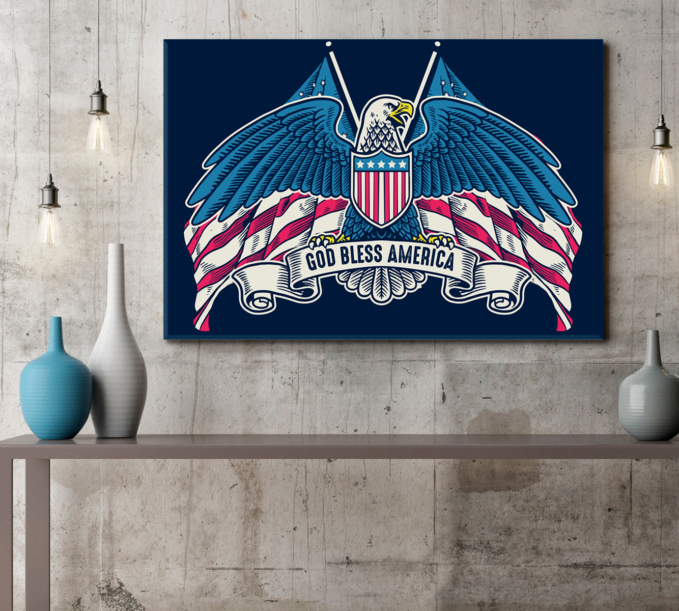 GOD BLESS AMERICA Eagle Wings American Flag Vintage Style Poster Posters, Flags Giclee Print Artesty   