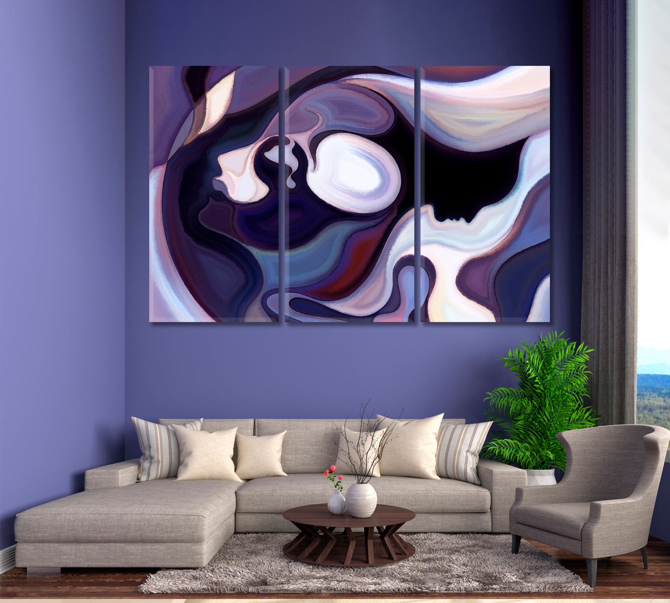 People And Refined Lines In Blue Lilac Purple Colors Abstract Art Print Artesty 3 panels 36" x 24" 