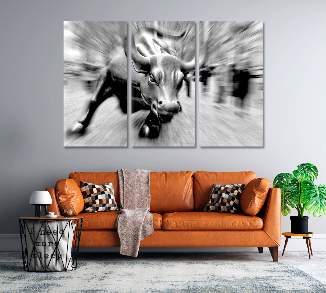 Charging Bull Black And White Famous Landmarks Artwork Print Artesty 3 panels 36" x 24" 