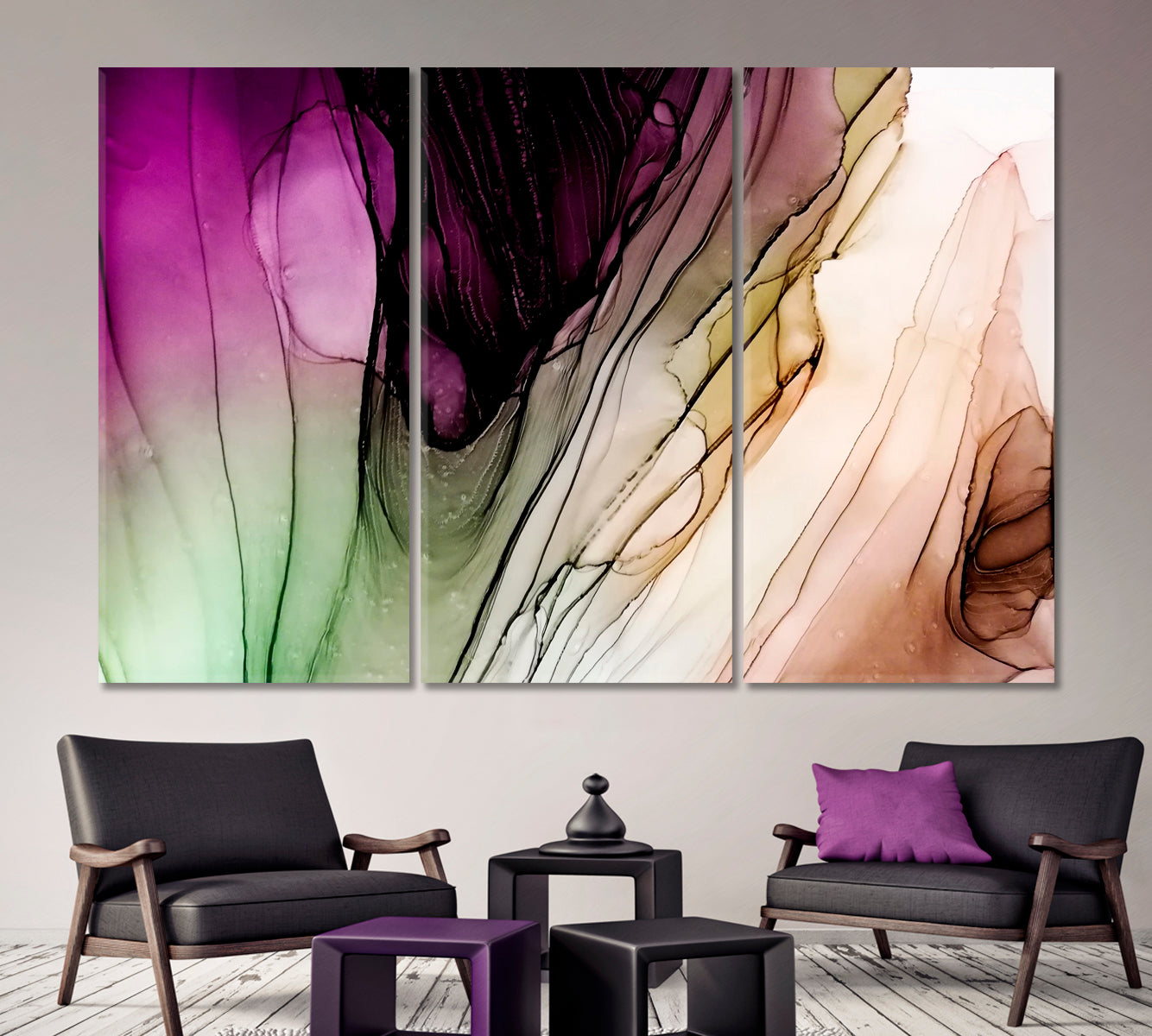 RAINBOW Alcohol Inks Green Purple Fuschia Abstract Marble Fluid Art, Oriental Marbling Canvas Print Artesty 3 panels 36" x 24" 