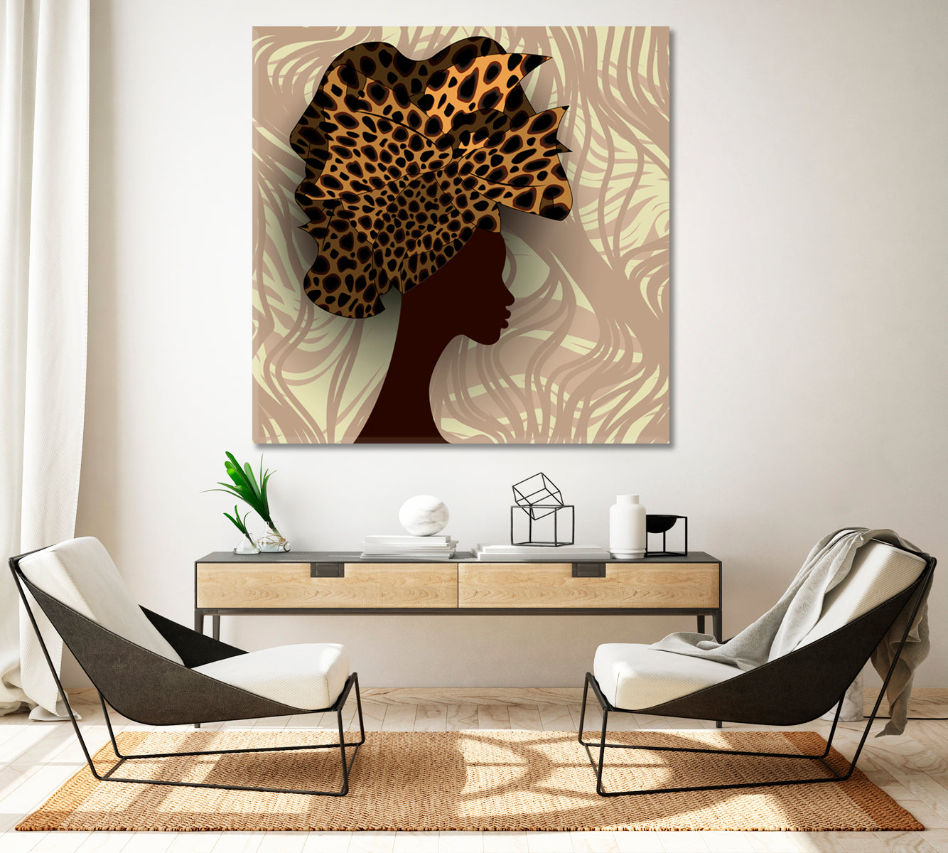 African Woman Portrait Soft Beige Tones Jungle Afro Safari Tropical Pattern African Style Canvas Print Artesty 1 Panel 12"x12" 