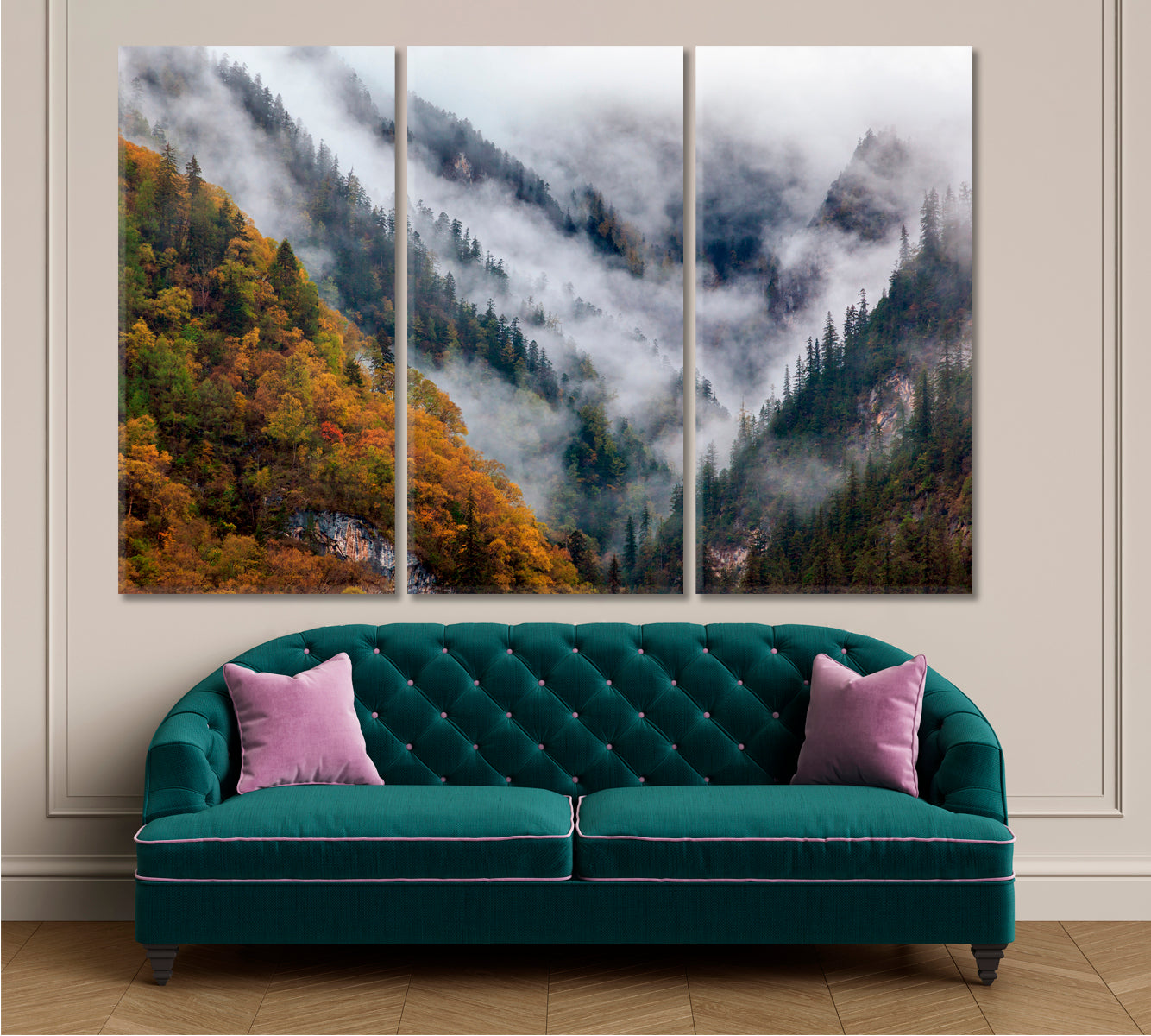 Mountains In The Mist Jiuzhaigou Valley Scenery Landscape Fine Art Print Artesty 3 panels 36" x 24" 