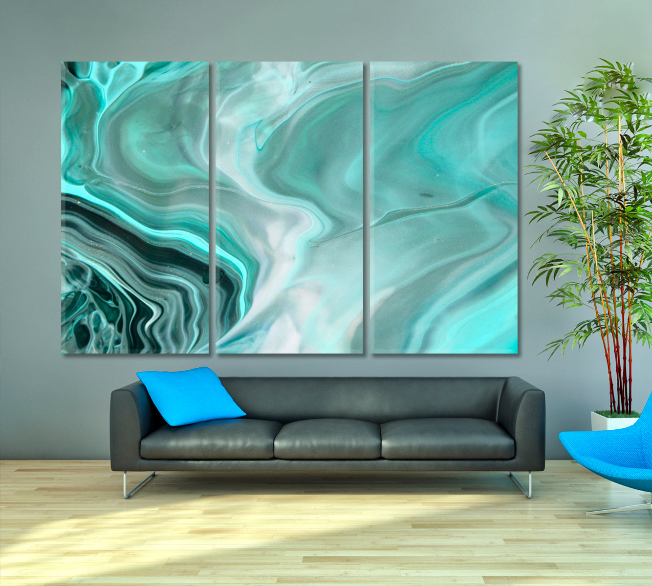 HUE OF PEARL Tidewater Green Mint Marble Pattern Fluid Art, Oriental Marbling Canvas Print Artesty 3 panels 36" x 24" 