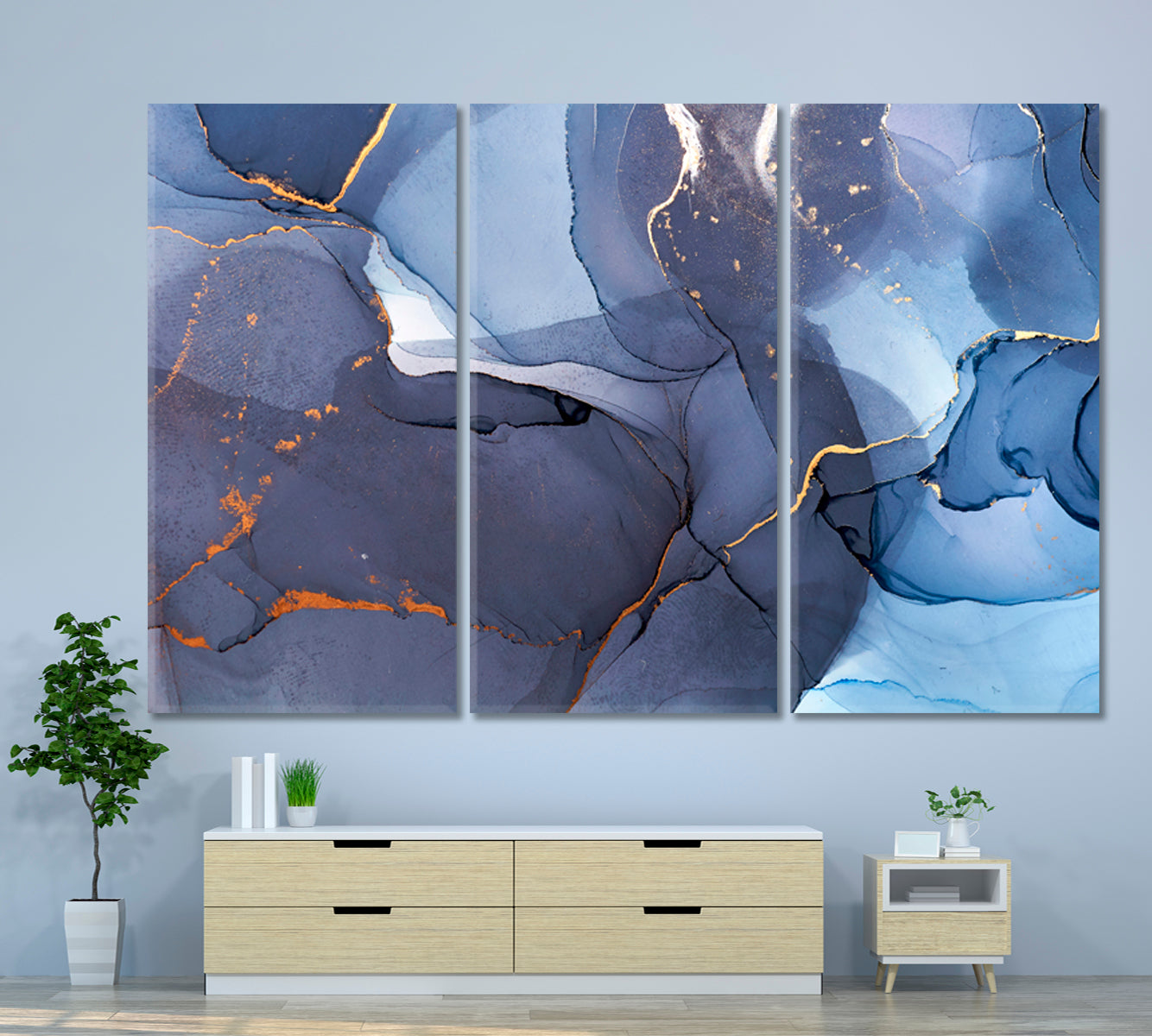 Abstract Blue Modern Marble Ink Fluid Art, Oriental Marbling Canvas Print Artesty 3 panels 36" x 24" 