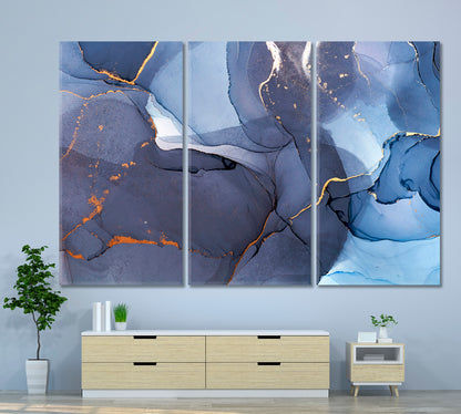 Abstract Blue Modern Marble Ink Fluid Art, Oriental Marbling Canvas Print Artesty 3 panels 36" x 24" 