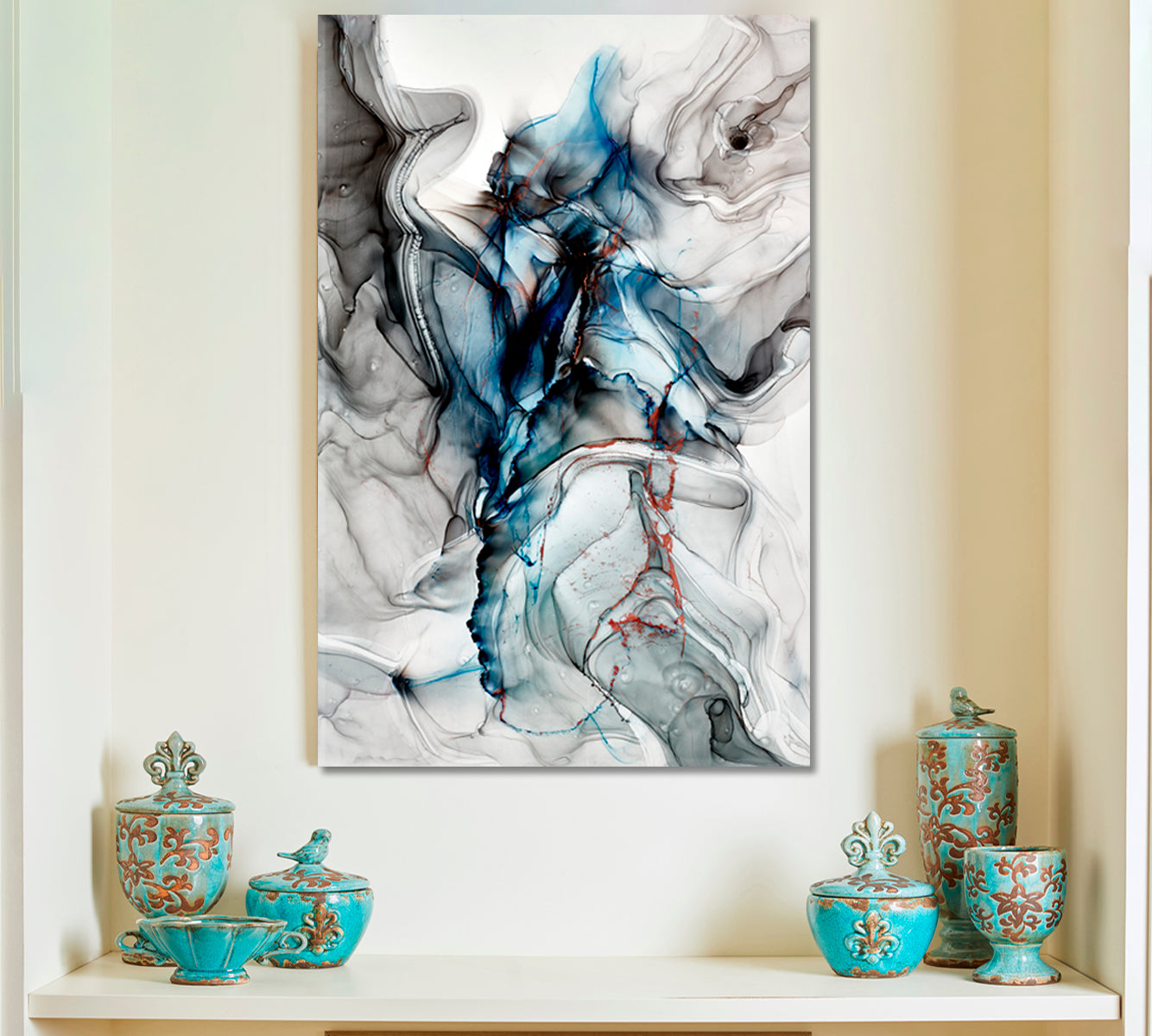 Smoky Alcohol Ink Art Modern Abstract Transparent Gray Blue Marble