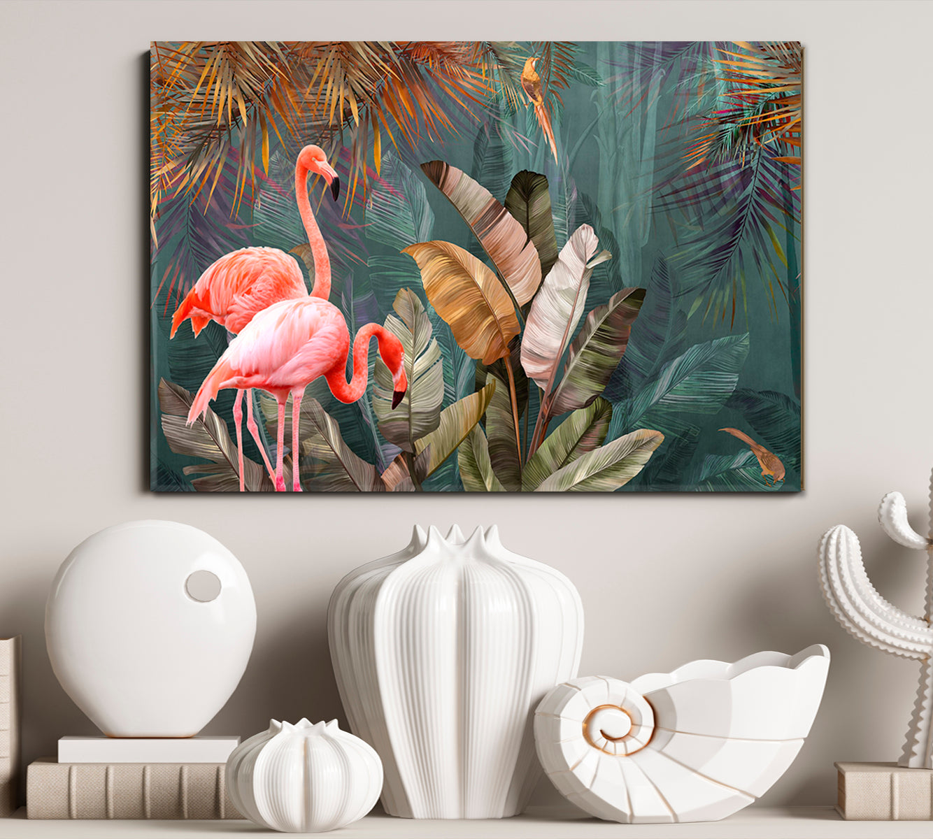 Flamingo And Tropical Jungle Rainforest Pattern Poster Tropical, Exotic Art Print Artesty 1 panel 24" x 16" 