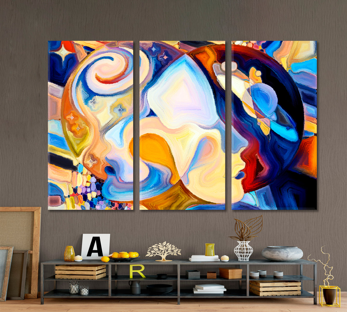 MALE AND FEMALE Abstract Multicolor Shapes Consciousness Art Artesty 3 panels 36" x 24" 