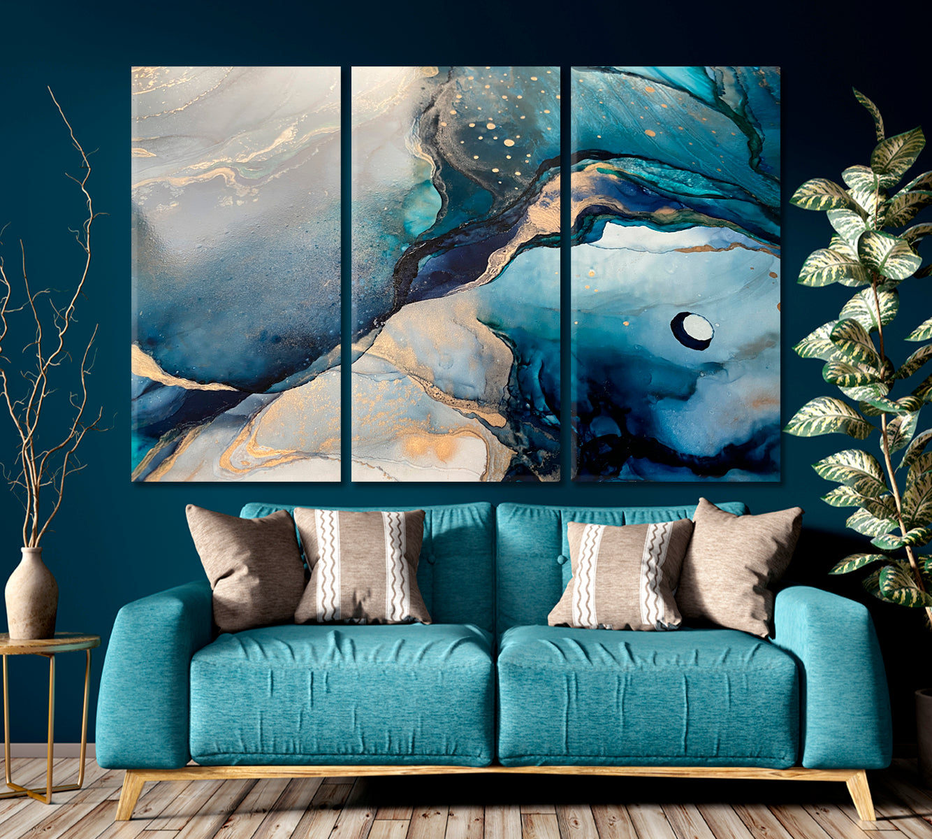 LIGHT BLUE Abstract Marble Acrylic Fluid Art Fluid Art, Oriental Marbling Canvas Print Artesty 3 panels 36" x 24" 