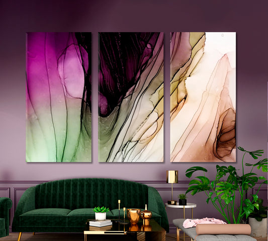 PURPLE GREEN BROWN Ink Color Drop in Water Fluid Art, Oriental Marbling Canvas Print Artesty 3 panels 36" x 24" 