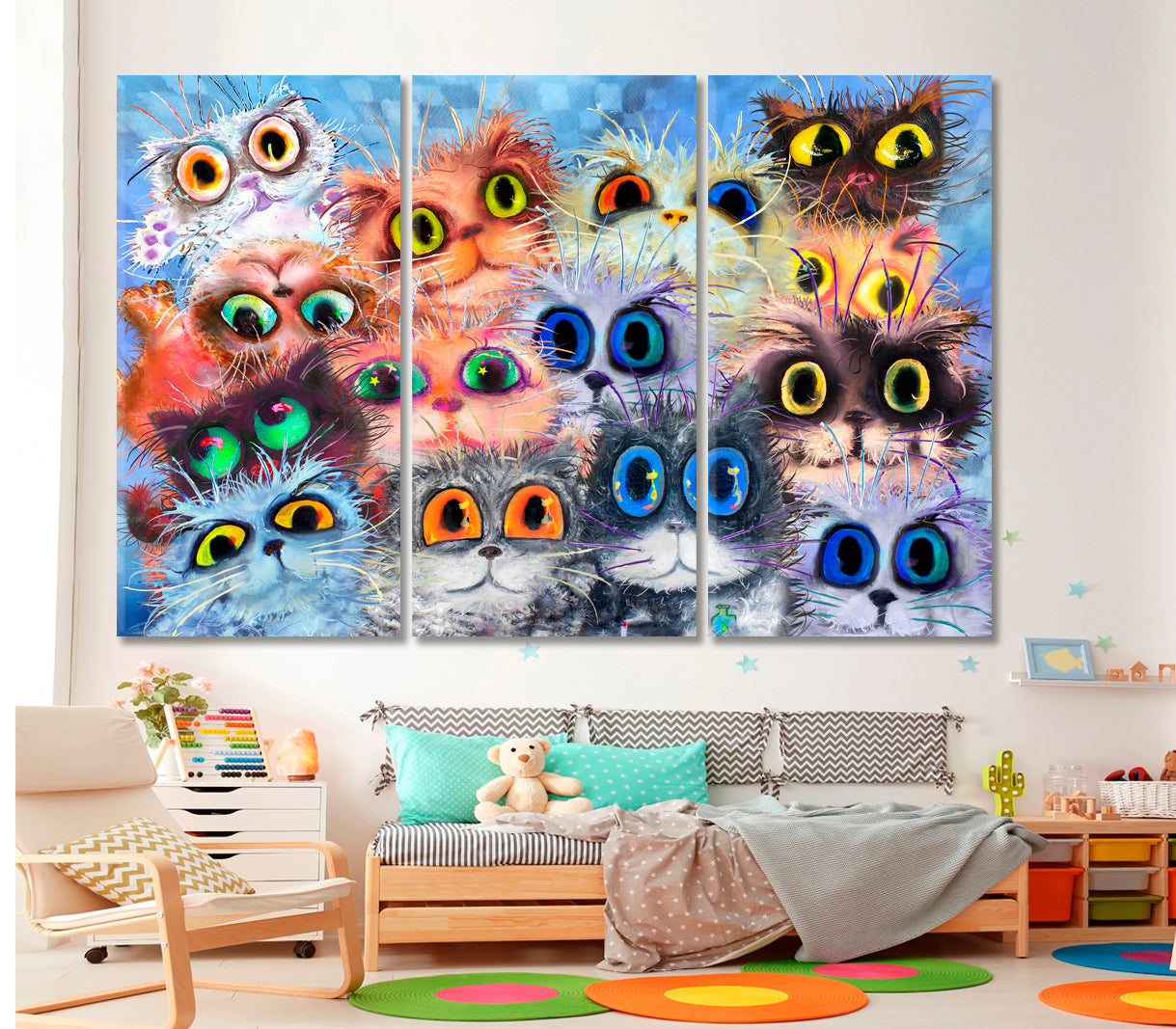 KIDS ROOM CONCEPT Funny Cats Big Eyes Whimsical Animals Canvas Print Animals Canvas Print Artesty 3 panels 36" x 24" 