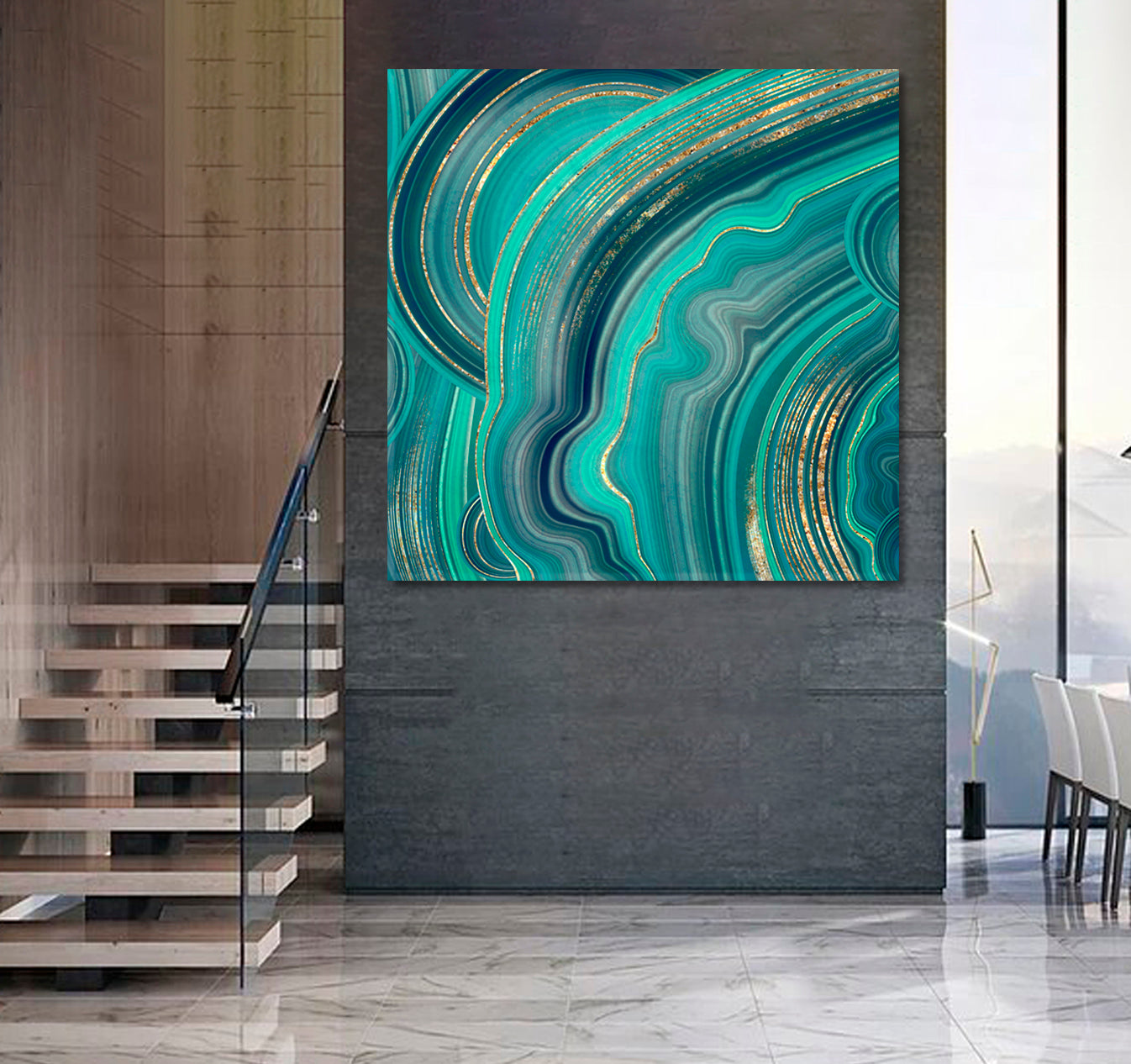 TURQUOISE Abstract Marble Agate Mint Green and Gold Veins Fluid Art, Oriental Marbling Canvas Print Artesty   