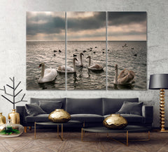 Panoramic Nature Landscape Graceful Wild Swan Flock Beautiful Birds Animals Canvas Print Artesty 3 panels 36" x 24" 