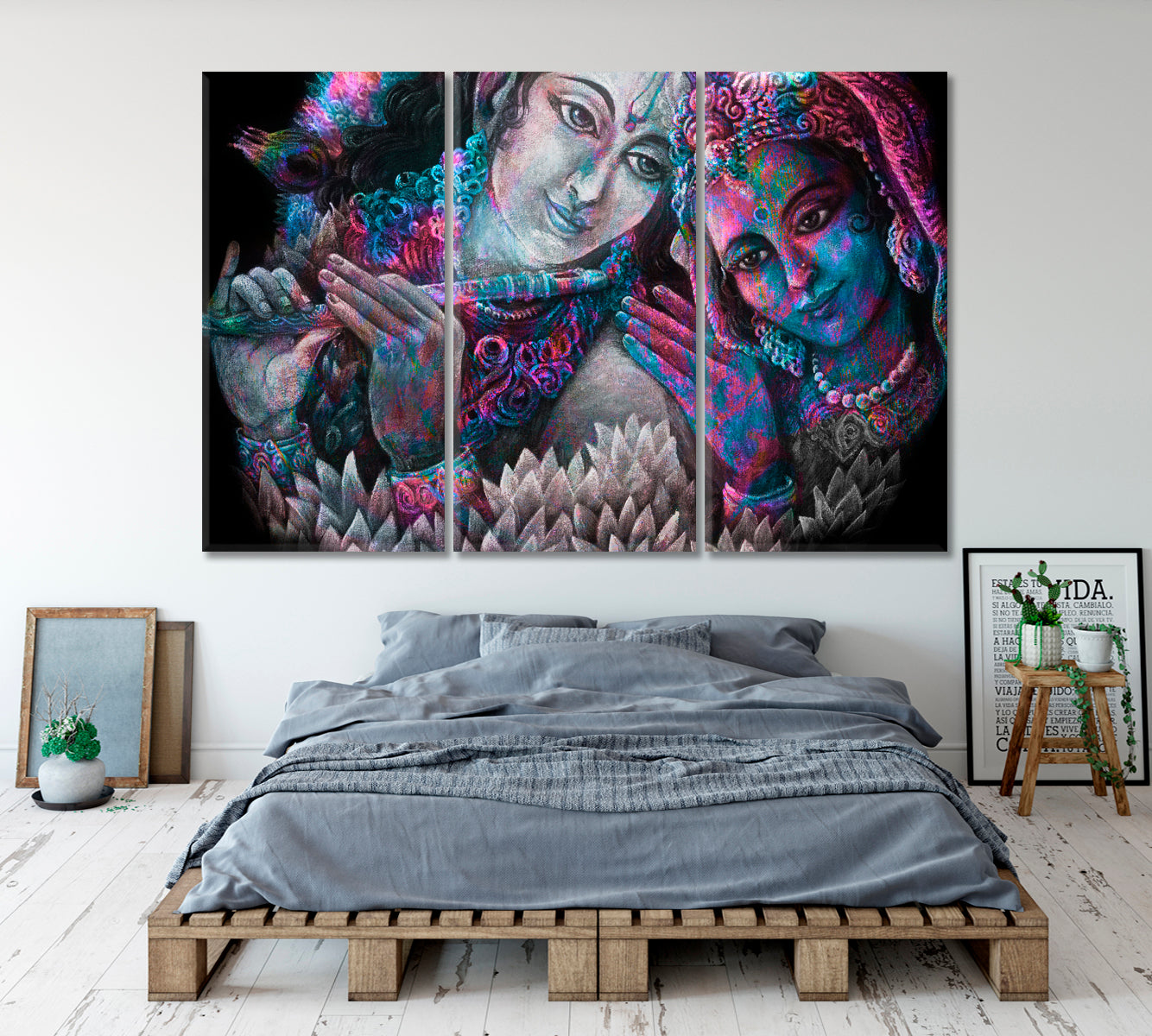 LORD KRISHNA Divine Couple Radha Playing Flute Lotus Pattern Religious Modern Art Artesty 3 panels 36" x 24" 