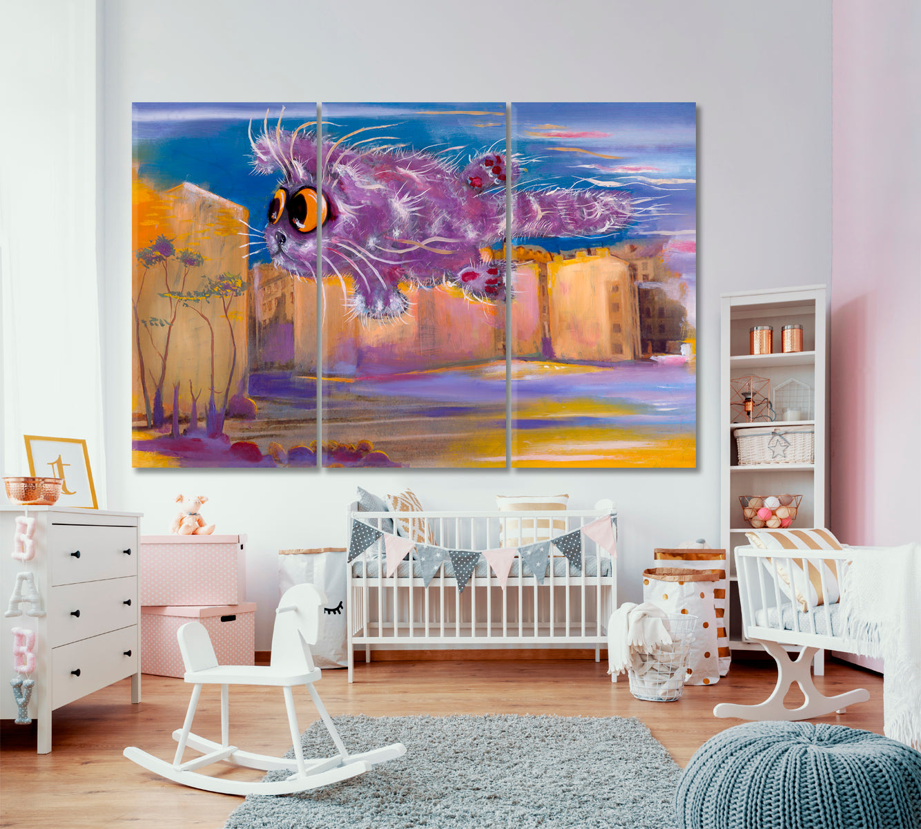 Flying Over the City Funny Cat Big Eyes Whimsy Animals Canvas Print Animals Canvas Print Artesty 3 panels 36" x 24" 