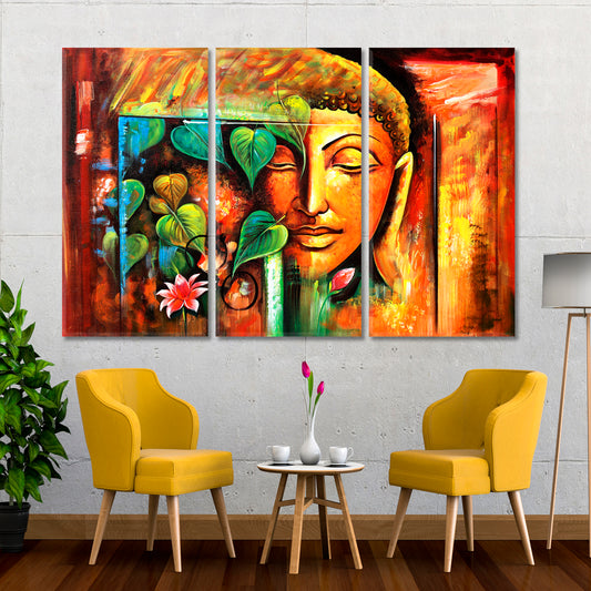 Spiritual Lord Buddha Meditating Religious Modern Art Artesty 3 panels 36" x 24" 