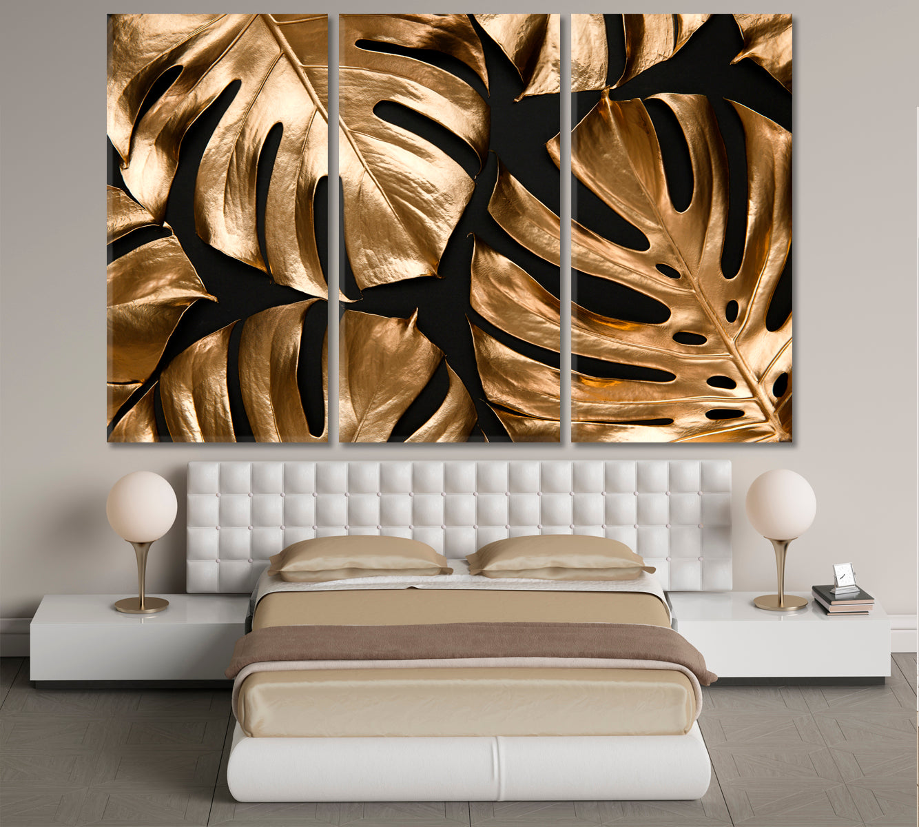 Golden And Black Tropical Leaves Trendy Luxury Floral Design Pattern Tropical, Exotic Art Print Artesty 3 panels 36" x 24" 